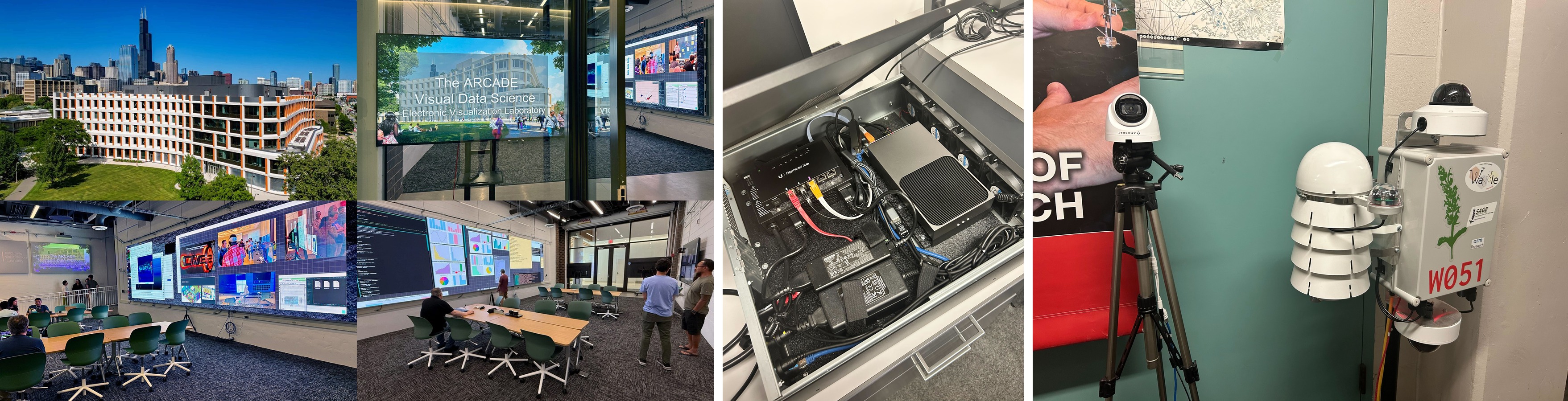 Collage of Sage Summer of AI event images. UIC Viz Lab, a Sage Thor-blade, a ptz camera, and wild sage node (v1)