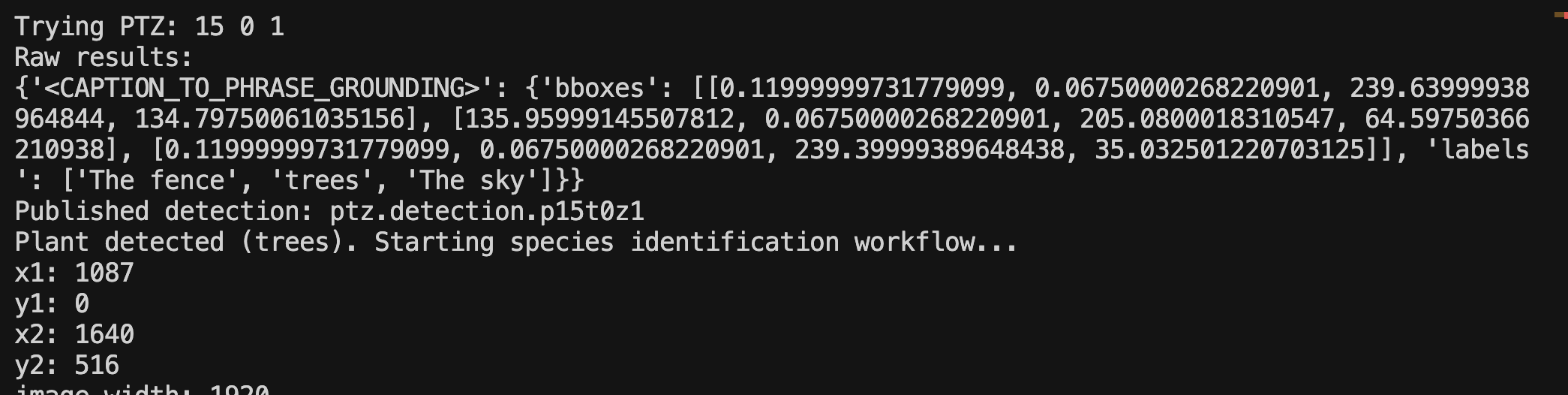 Console log showing a plant has been detected
